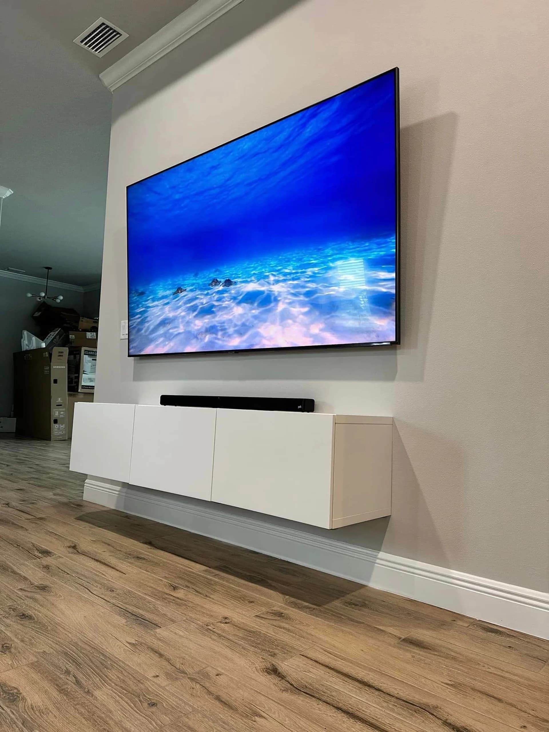 Outdoor TV installation on covered patio